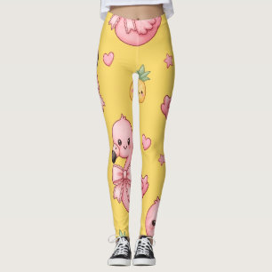 Cute Pink Flamingo with Bow Yellow Leggings - Coqu