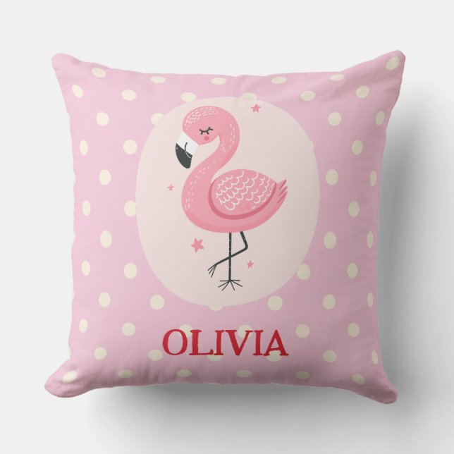Cute Pink Flamingo with Polka Dots Cushion (Front)