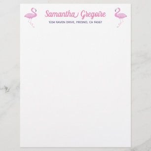 Cute Pink Flamingo with Purple Custom Letterhead
