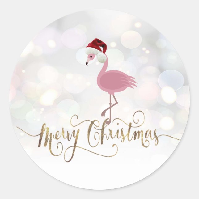 Cute Pink Flamingo With Santa Hat Classic Round Sticker (Front)