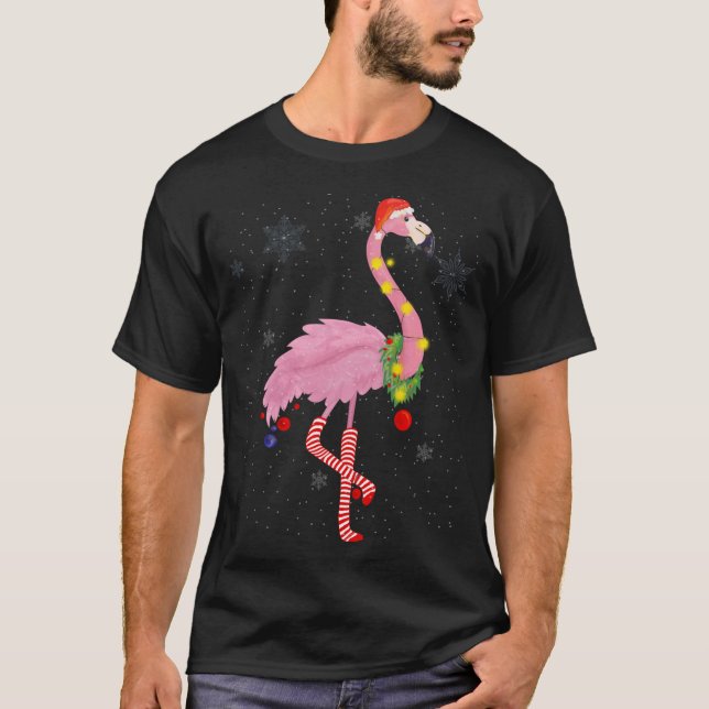 Cute Pink Flamingo with Snow, Lights and Santa Hat T-Shirt (Front)