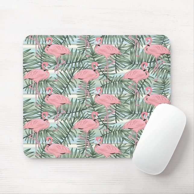 Cute Pink Flamingoes Palm Leafs Art Pattern Mouse Pad (With Mouse)
