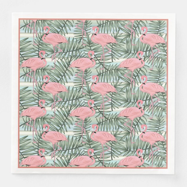 Cute Pink Flamingoes Palm Leafs Art Pattern Napkin (Front)