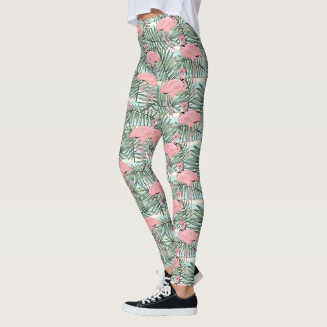 Cute Pink Flamingoes Palm Leafs Pattern Leggings (Left)
