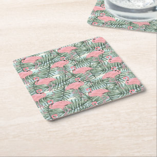 Cute Pink Flamingoes Palm Leafs Pattern Square Paper Coaster