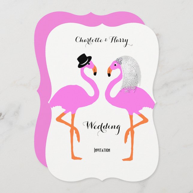 Cute Pink Flamingos Bride & Groom Wedding Invitation (Front/Back)