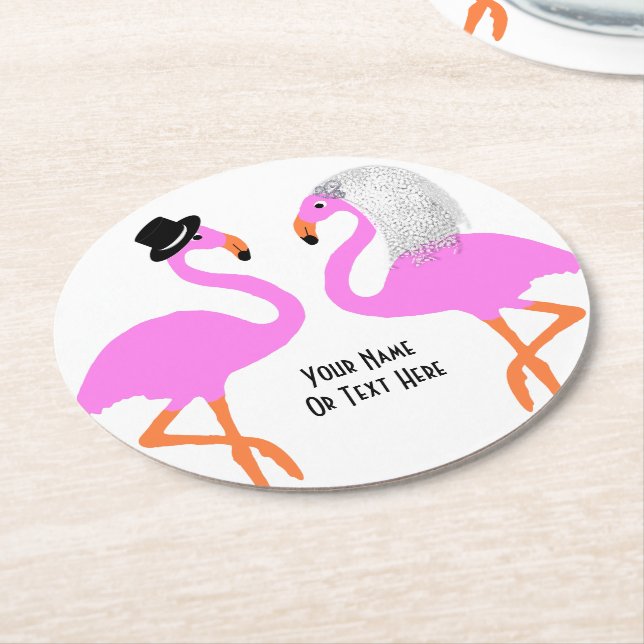 Cute Pink Flamingos Bride & Groom Wedding Round Paper Coaster (Angled)