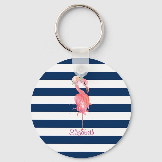 Cute Pink Flamingos Flower,Striped Key Ring (Front)