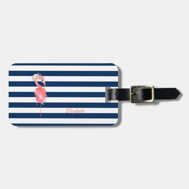 Cute Pink Flamingos Flower,Striped Luggage Tag (Front Horizontal)