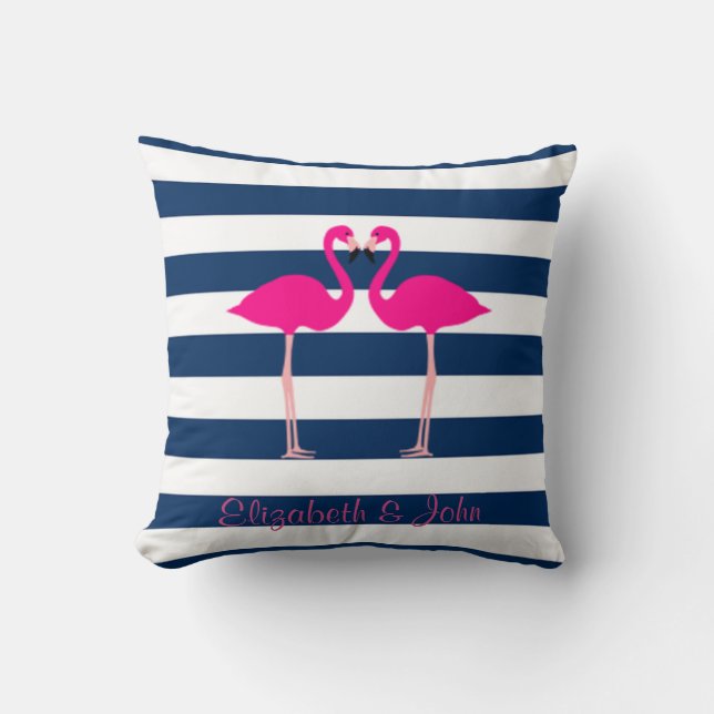 Cute Pink Flamingos In Love,Striped-Personalised Cushion (Front)
