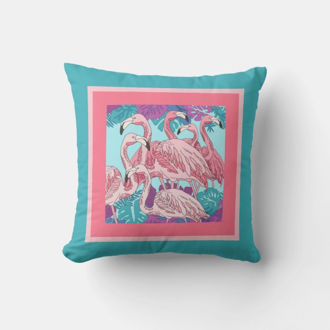 Cute pink flamingos on pink & mint cushion (Front)