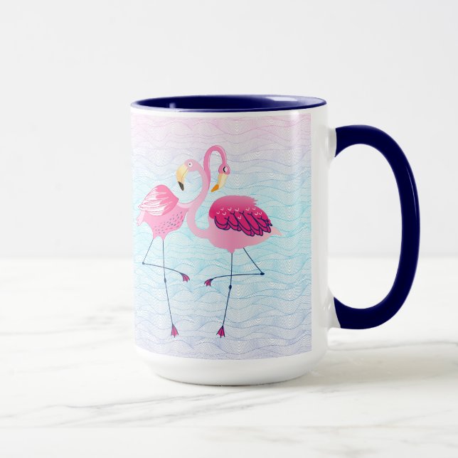 Cute Pink Flamingos On Stylised Beach Water Waves Mug (Right)