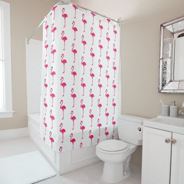 Cute Pink Flamingos on White Shower Curtain (In Situ)