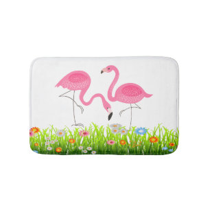 Cute Pink Flamingos & Spring Flowers Bath Mat