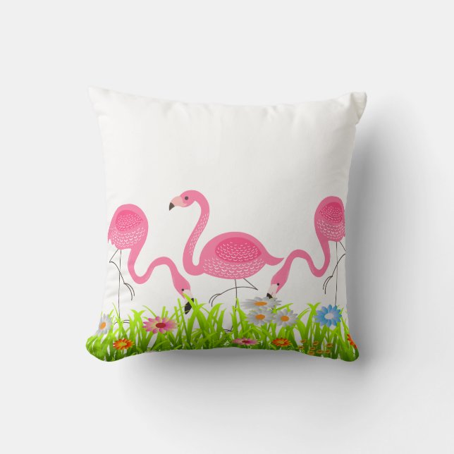 Cute Pink Flamingos Spring Flowers Cushion (Front)