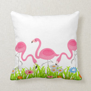 Cute Pink Flamingos Spring Flowers Cushion