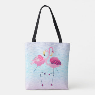 Cute Pink Flamingos Stylised Water Waves Pattern Tote Bag