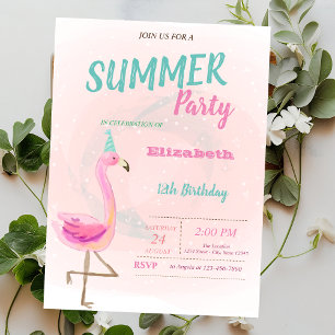 Cute Pink Flamingos Summer Birthday Party  Invitation
