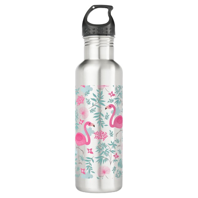 Cute Pink Flamingos & Tropical Flowers 710 Ml Water Bottle (Front)