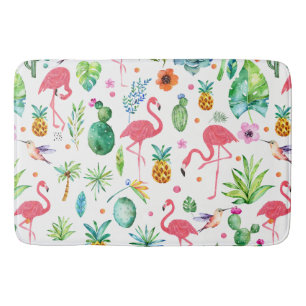Cute Pink Flamingos & Tropical Flowers Pattern Bath Mat