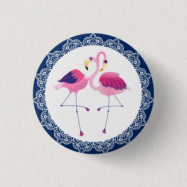 Cute Pink Flamingos With Blue & White lace 3 Cm Round Badge (Front)