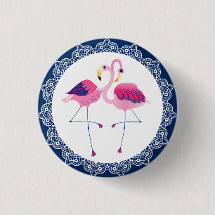 Cute Pink Flamingos With Blue & White lace 3 Cm Round Badge