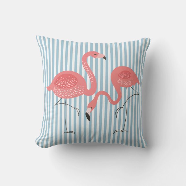 Cute Pink Flamingos With White And Blue Stripes Cushion (Front)