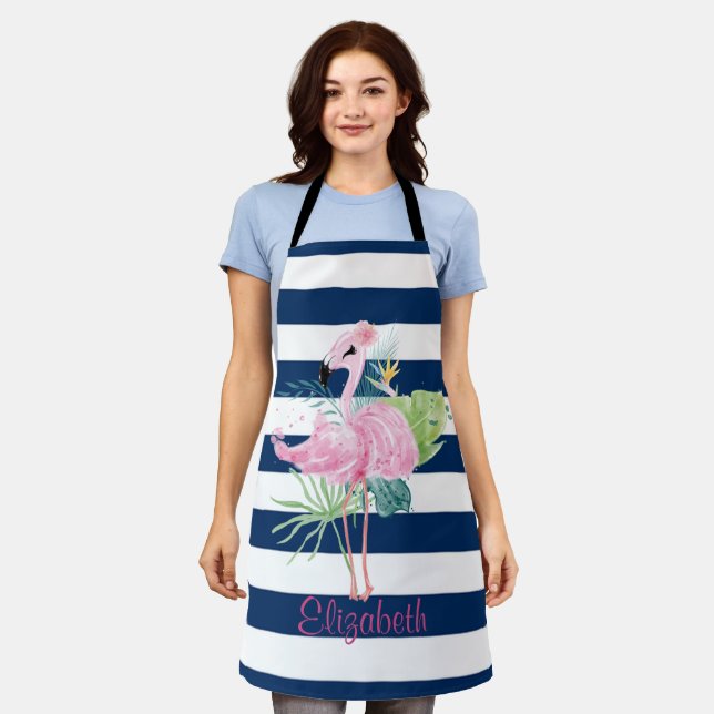 Cute Pink FlamingosTropical Leaf,Striped  Apron (Worn)