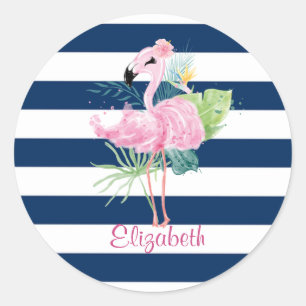 Cute Pink FlamingosTropical Leaf,Striped  Classic Round Sticker