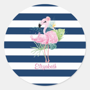 Cute Pink FlamingosTropical Leaf,Striped  Classic Round Sticker