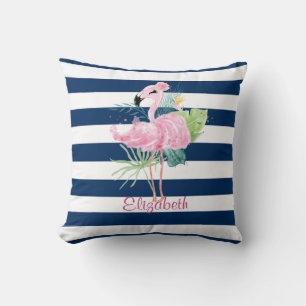 Cute Pink FlamingosTropical Leaf,Striped Cushion