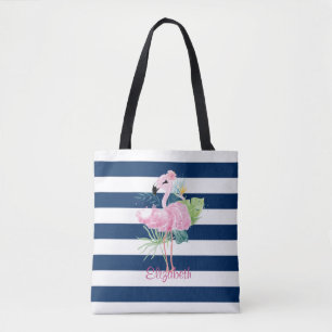 Cute Pink FlamingosTropical Leaf,Striped Tote Bag