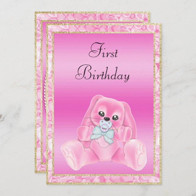 Cute Pink Floppy Ears Bunny First Birthday Invitation (Front/Back)