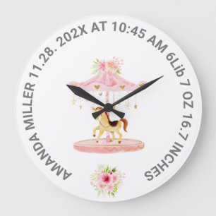 Cute Pink Floral Baby Birth Date Pony Carouse  Large Clock