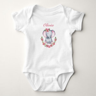 Cute Pink Floral Baby Elephant Girls Bodysuit