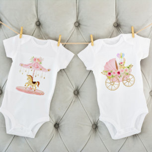 Cute Pink Floral Baby Pony Carousel Bodysuit