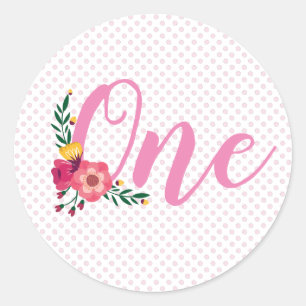 Cute Pink Floral Baby's 1st Birthday Classic Round Sticker