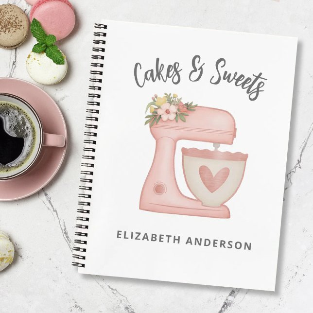 Cute Pink Floral Bakery Cake Mixer Notebook (A cute pink mixer bakery business notebook. Personalize it with your name)