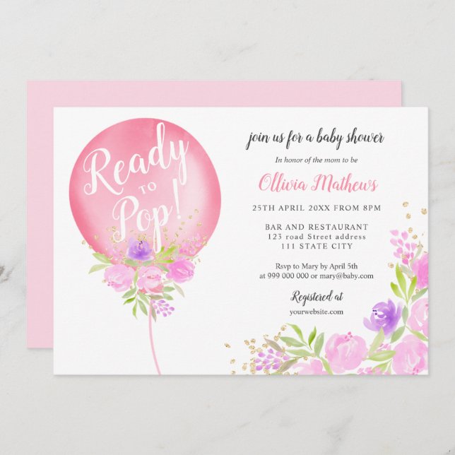 Cute pink floral balloon ready to pop baby shower invitation (Front/Back)