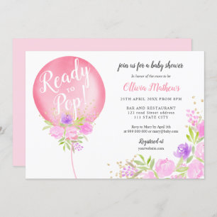 Cute pink floral balloon ready to pop baby shower invitation