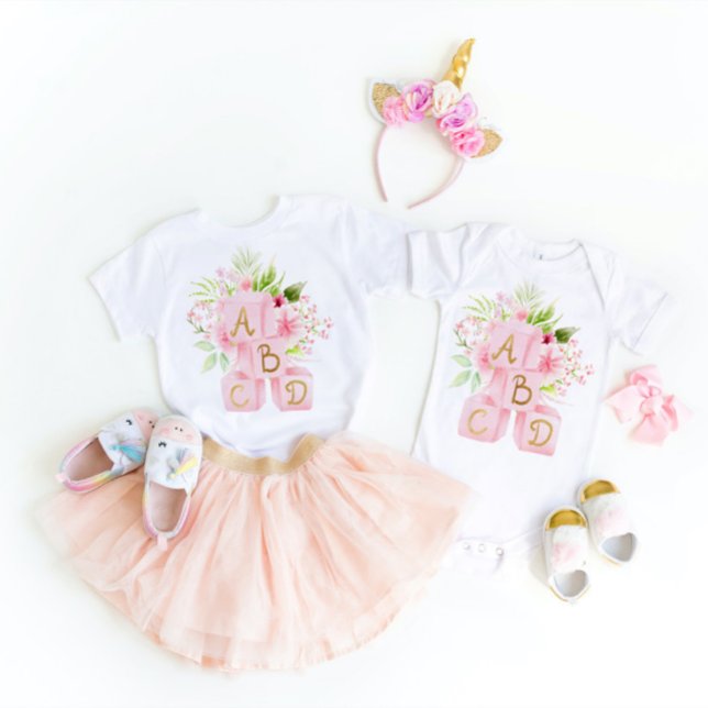 Cute Pink Floral Blocks Alphabet Baby Bodysuit (Creator Uploaded)
