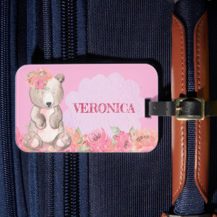 Cute Pink Floral Boho Bear Girls Travel Luggage Tag