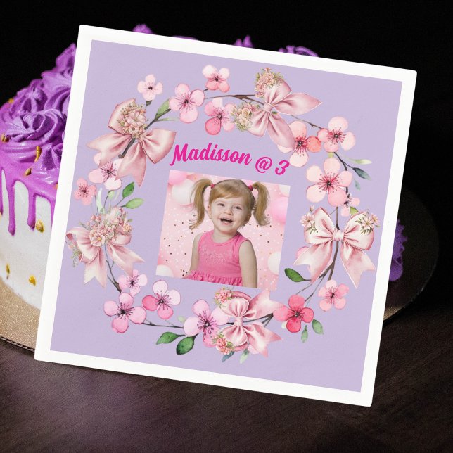 Cute Pink Floral Bow Girl Photo Birthday Party Napkin (Creator Uploaded)