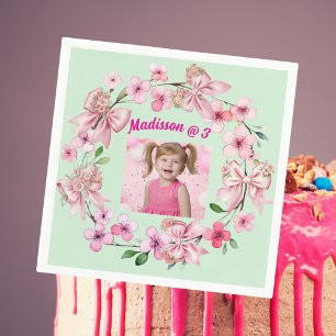 Cute Pink Floral Bow Girl Photo Birthday Party Napkin