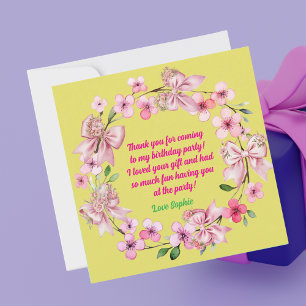 Cute Pink Floral Bow Girl Photo Birthday Thank You Card