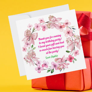 Cute Pink Floral Bow Girl Photo Birthday Thank You Card