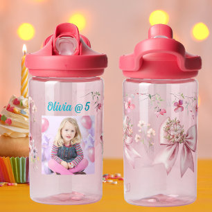 Cute Pink Floral Bow Girl Photo Water Bottle Gift