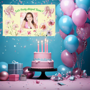 Cute Pink Floral Bow Girly Photo Birthday Banner