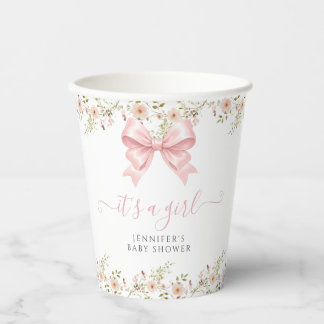 Cute Pink Floral Bow Spring Baby Girl Shower Paper Cups