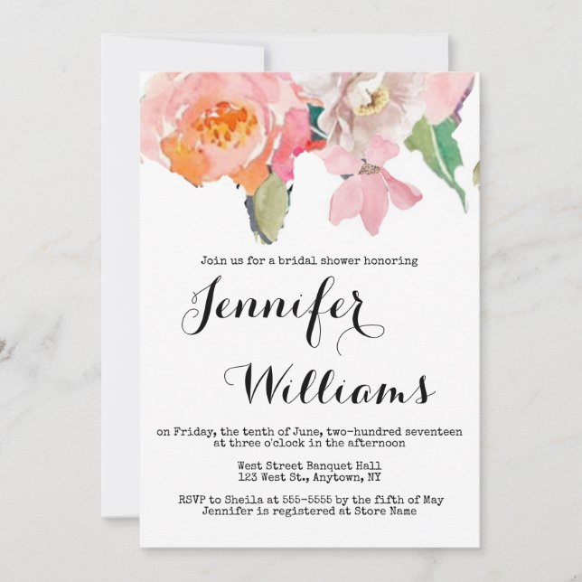 Cute pink floral bridal shower invitations (Front)